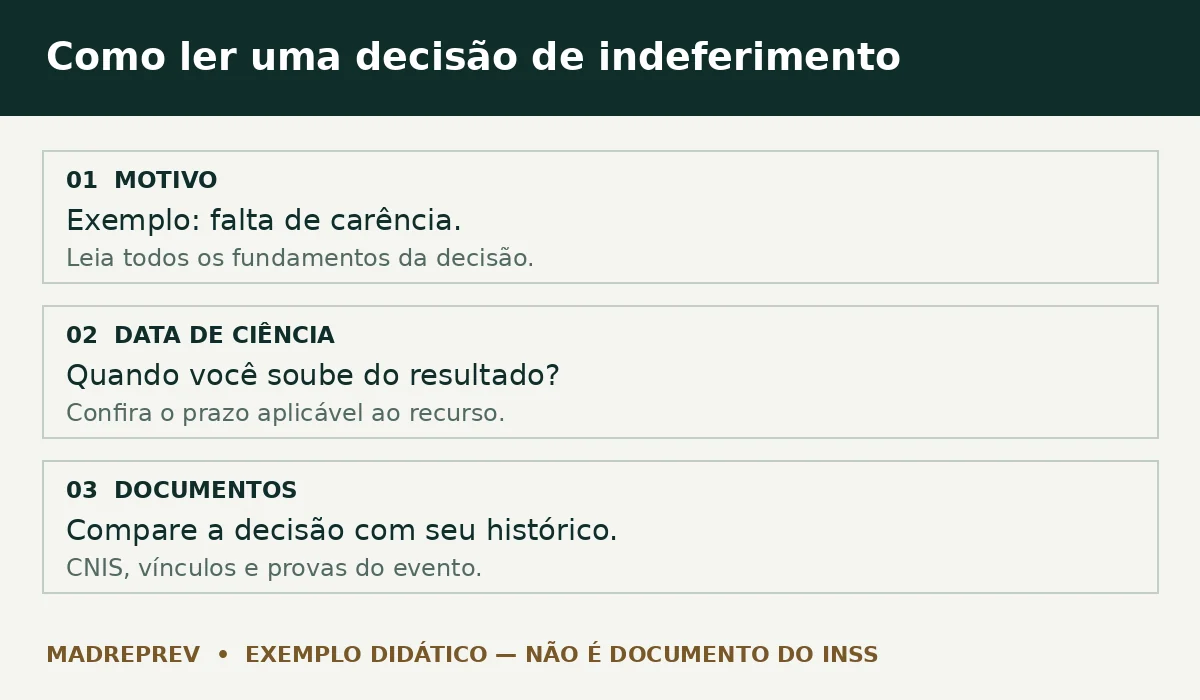 Exemplo didático de leitura de indeferimento: conferir motivo, data de ciência e documentos