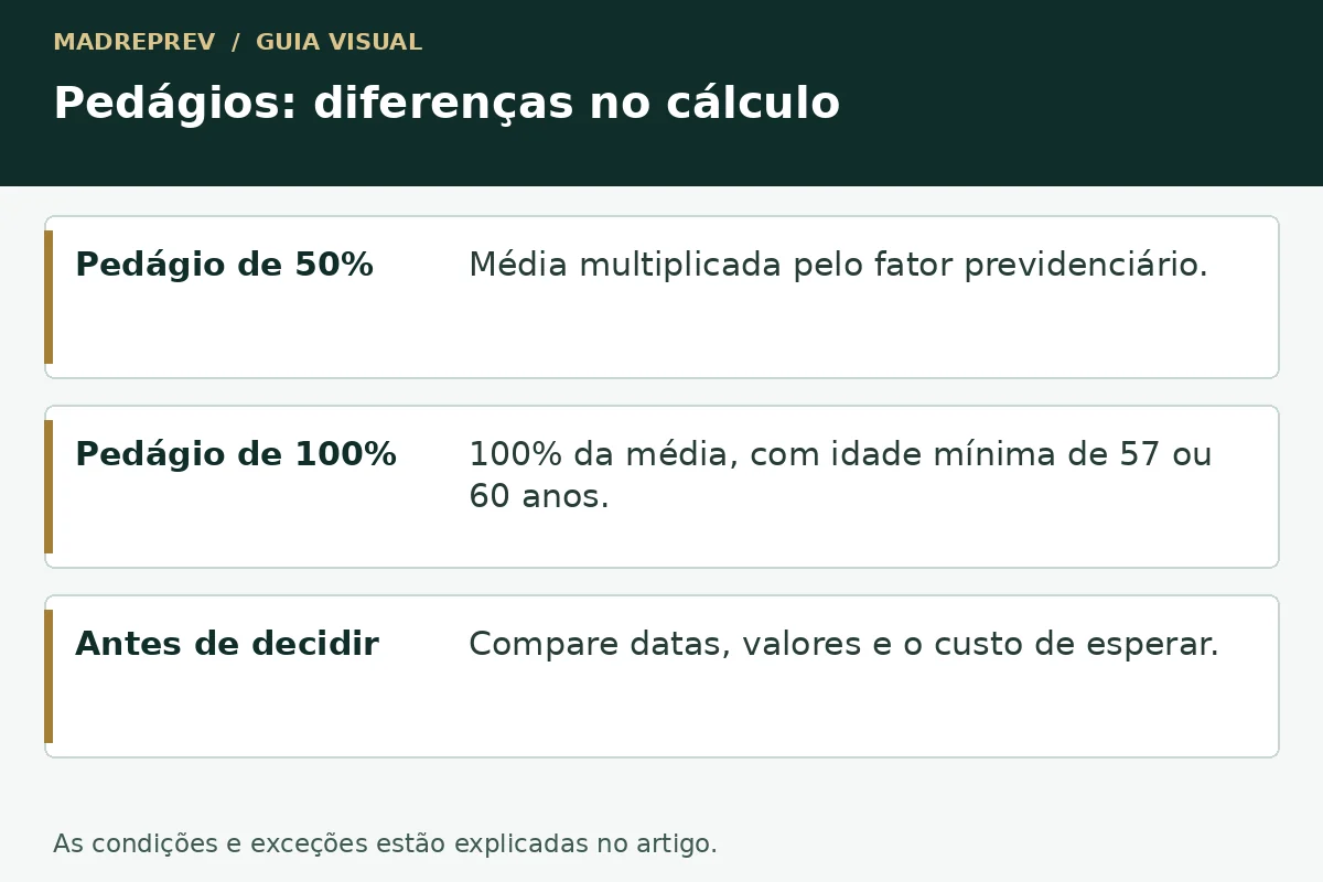 Pedágios: diferenças no cálculo: Pedágio de 50%; Pedágio de 100%; Antes de decidir.